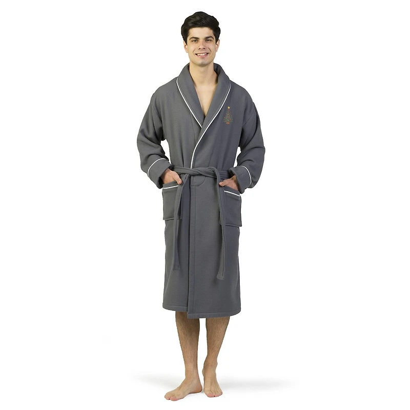 Linum Home Textiles Embroidered Christmas Tree Waffle Terry Bathrobe Unisex Adult Long Sleeve Length Robe
