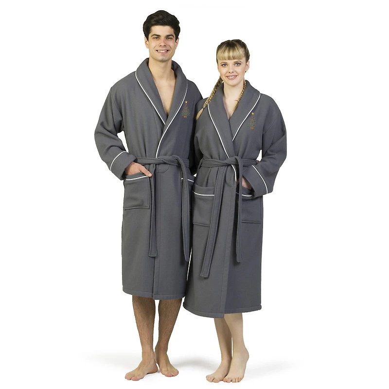 Linum Home Textiles Embroidered Christmas Tree Waffle Terry Bathrobe Unisex Adult Long Sleeve Length Robe