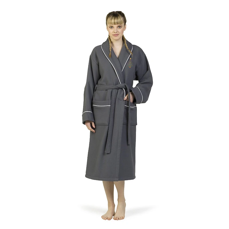 Linum Home Textiles Embroidered Christmas Tree Waffle Terry Bathrobe Unisex Adult Long Sleeve Length Robe