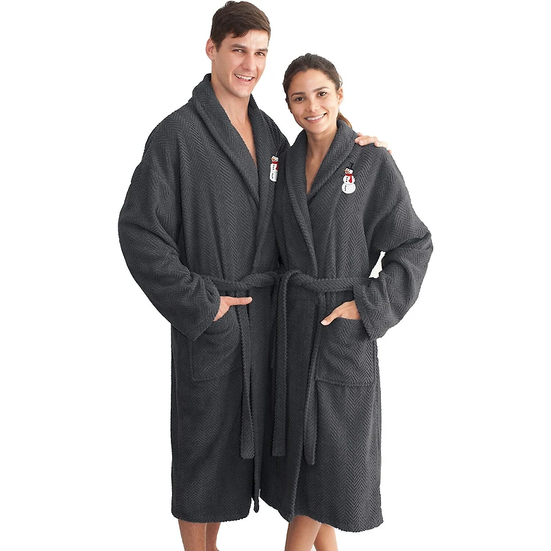 Linum Home Textiles Embroidered Snowman Herringbone Bathrobe Unisex Adult Long Sleeve Length Robe