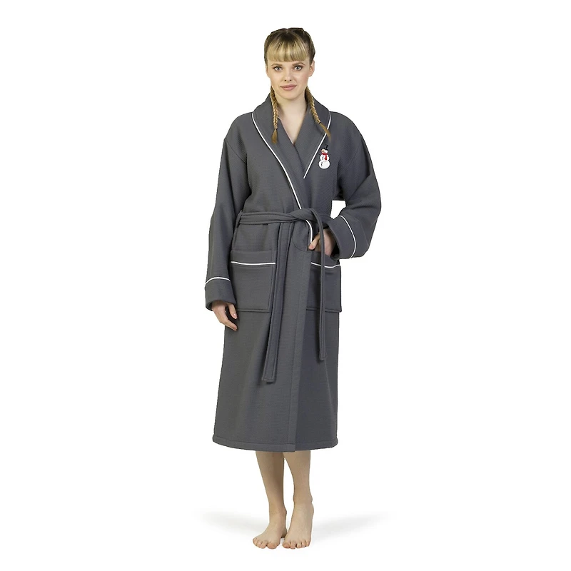 Linum Home Textiles Embroidered Snowman Waffle Terry Bathrobe Unisex Adult Long Sleeve Length Robe