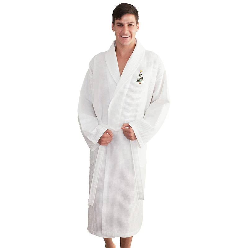 Linum Home Textiles Embroidered Christmas Tree Waffle Weave Bathrobe Unisex Adult Long Sleeve Length Robe