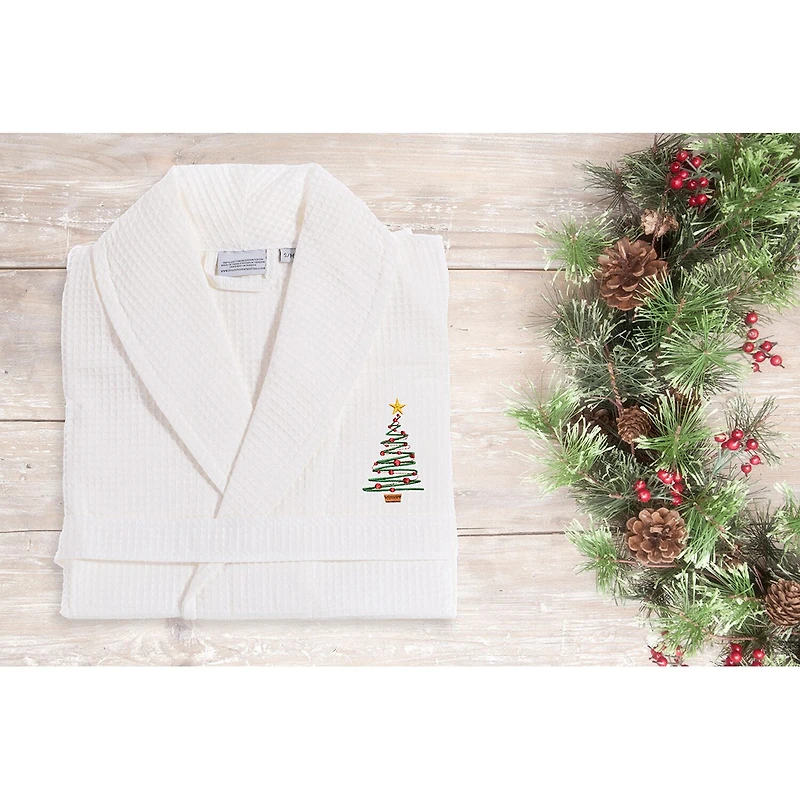 Linum Home Textiles Embroidered Christmas Tree Waffle Weave Bathrobe Unisex Adult Long Sleeve Length Robe