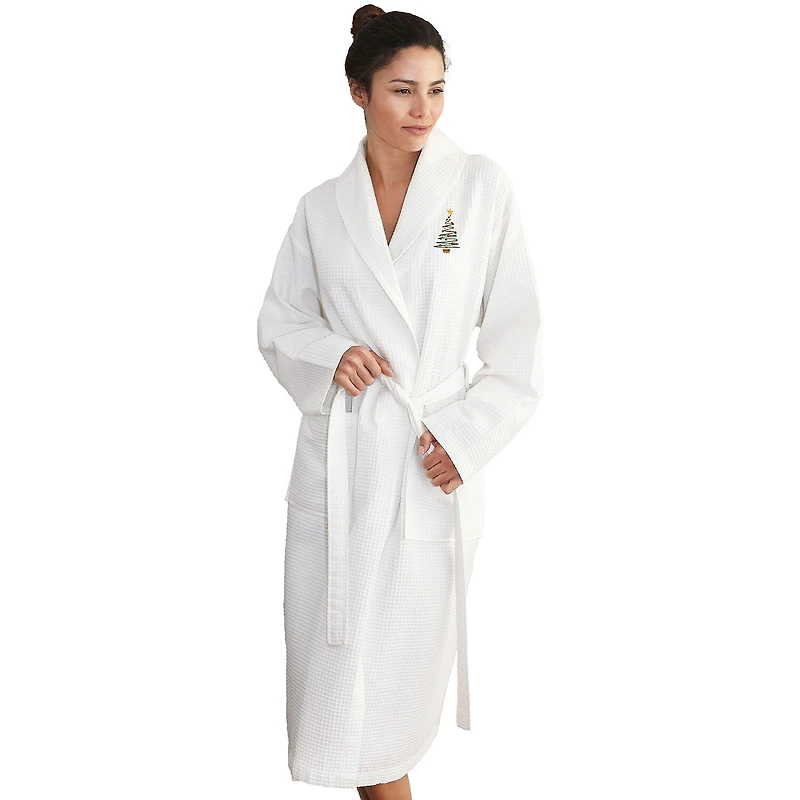Linum Home Textiles Embroidered Christmas Tree Waffle Weave Bathrobe Unisex Adult Long Sleeve Length Robe
