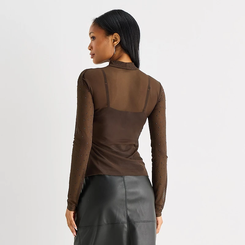 Worthington Womens Mock Neck Long Sleeve Blouse