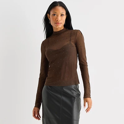 Worthington Womens Mock Neck Long Sleeve Blouse