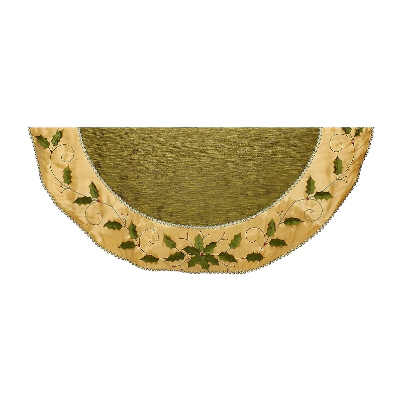 Kurt Adler 54" Green and Gold With Holly Leaves Embroidered Tree Skirt