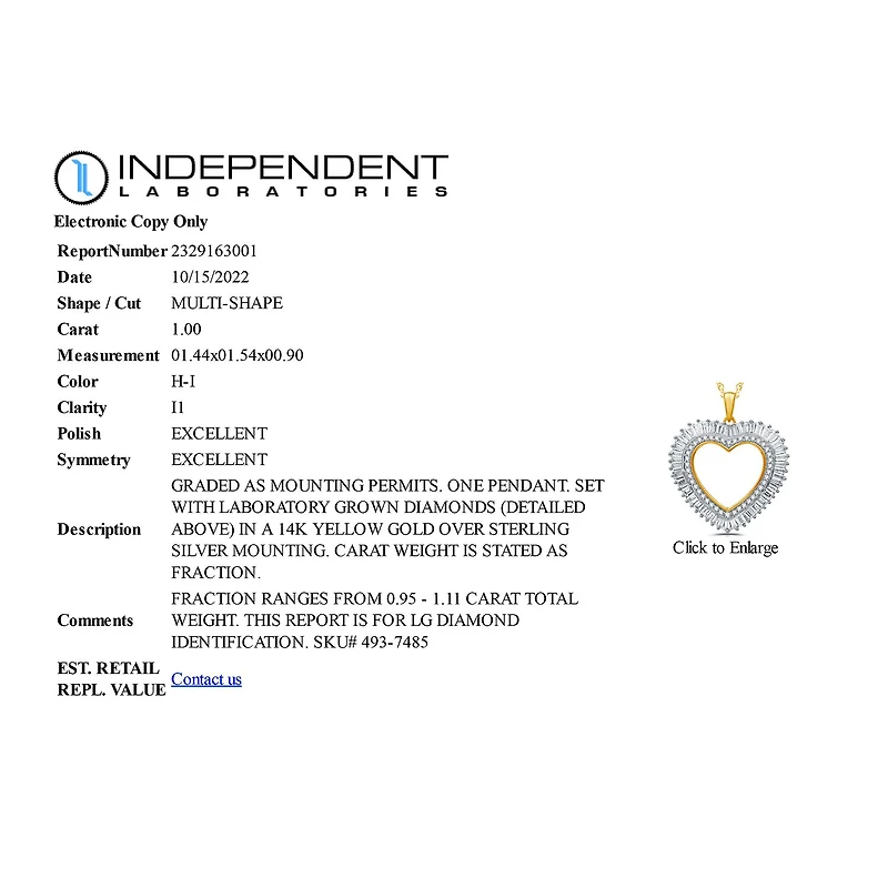 (H-I / I1) Womens 1 CT. T.W. Lab Grown White Diamond 14K Gold Over Silver Sterling Heart 18 Inch Pendant Necklace