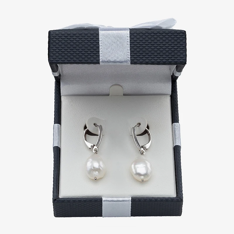 Womens Genuine White Cultured Freshwater Pearl Sterling Silver Drop Earrings
