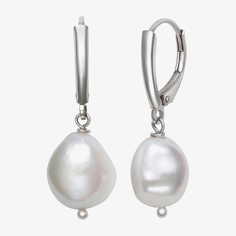 Womens Genuine White Cultured Freshwater Pearl Sterling Silver Drop Earrings