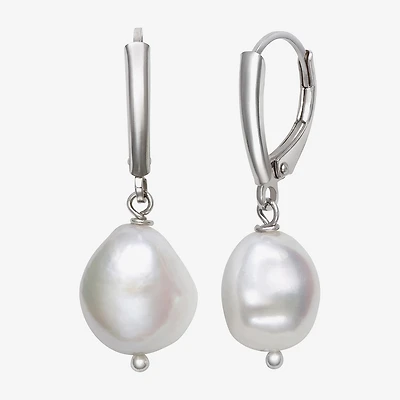 Womens Genuine White Cultured Freshwater Pearl Sterling Silver Drop Earrings