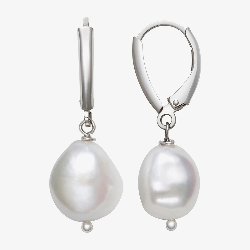 Womens Genuine White Cultured Freshwater Pearl Sterling Silver Drop Earrings