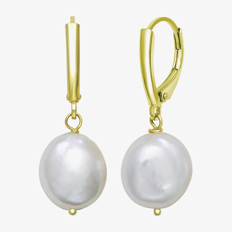 Womens Genuine White Cultured Freshwater Pearl 14K Gold Over Silver Drop Earrings