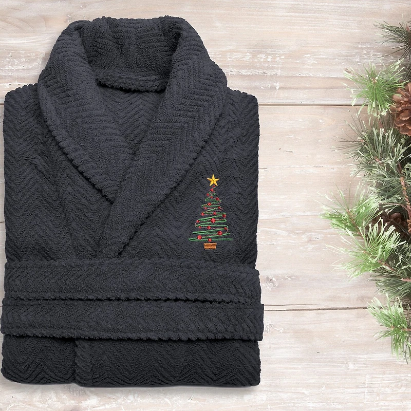 Linum Home Textiles Embroidered Christmas Tree Herringbone Bathrobe Unisex Adult Long Sleeve Length Robe