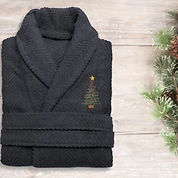 Linum Home Textiles Embroidered Christmas Tree Herringbone Bathrobe Unisex Adult Long Sleeve Length Robe