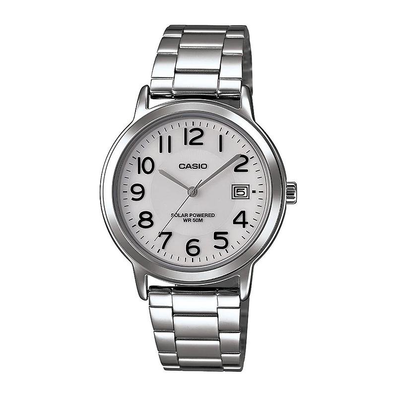 Casio® Mens White Dial Stainless Steel Solar Watch MTPS100D-7BV