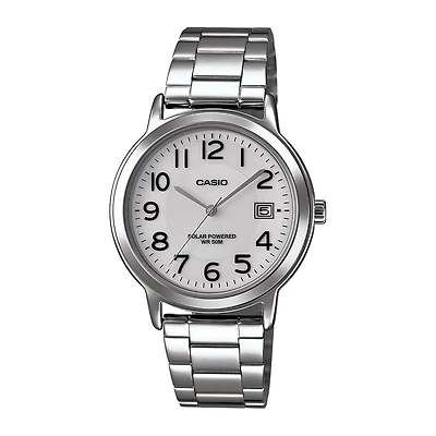 Casio® Mens White Dial Stainless Steel Solar Watch MTPS100D-7BV