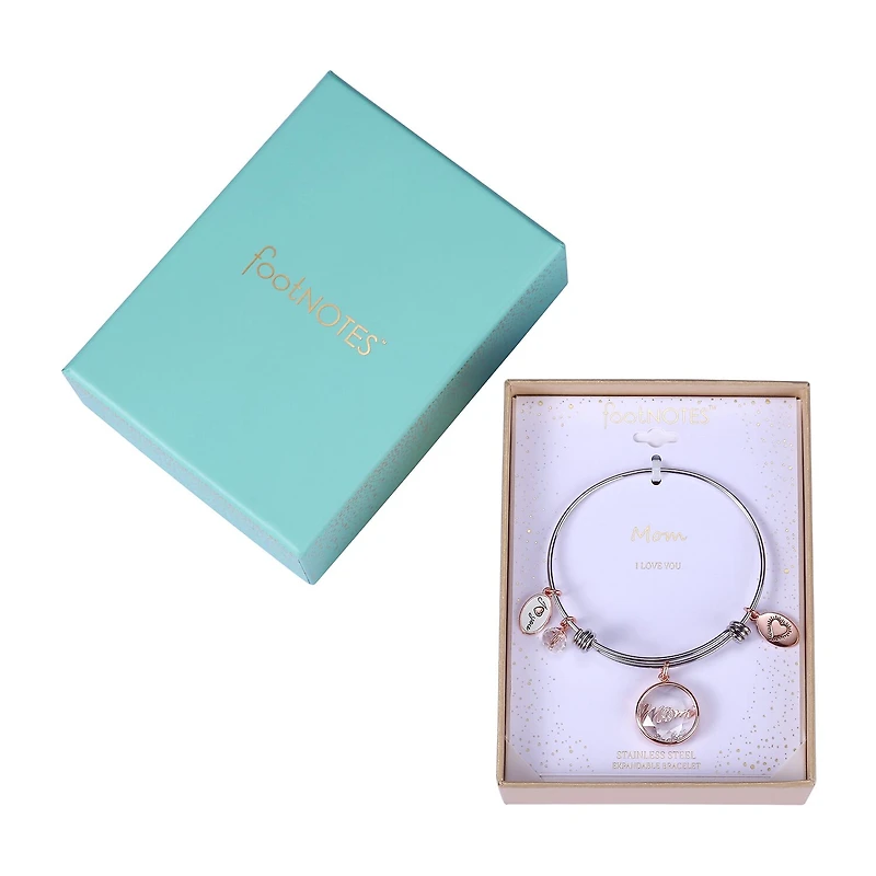 Footnotes Mom Womens Crystal Stainless Steel Round Bangle Bracelet