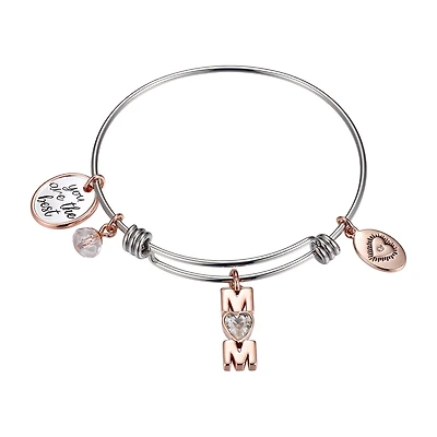 Footnotes Mom Womens Crystal Stainless Steel Heart Bangle Bracelet