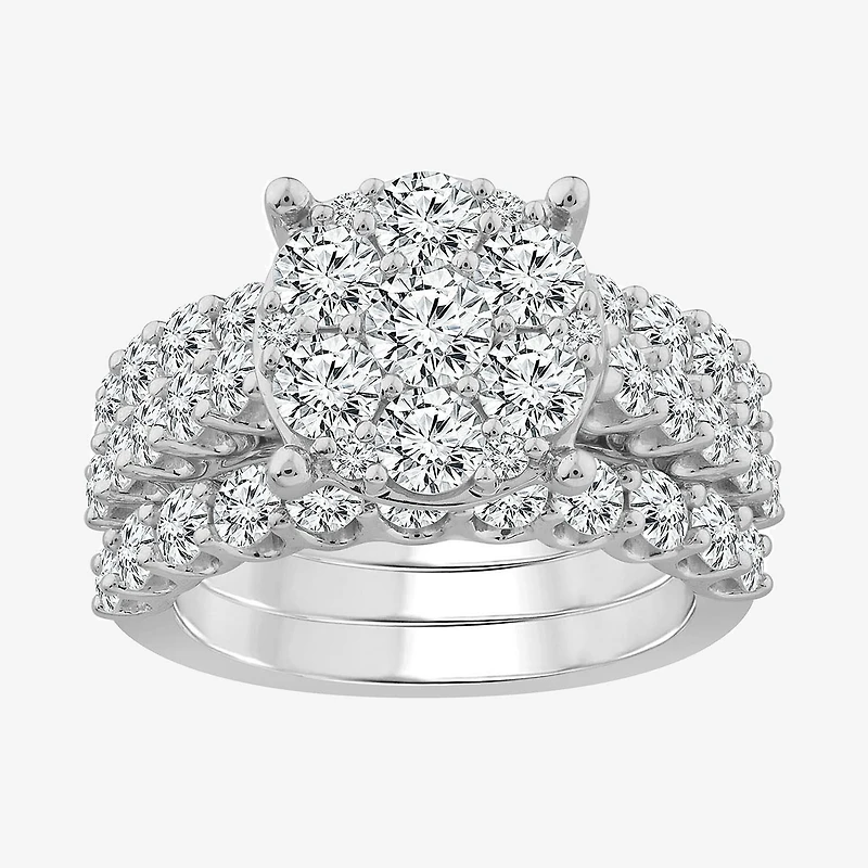 Round 4 CT.T.W. Natural Diamond Side Stone Bridal Set in 10K or 14K White Gold
