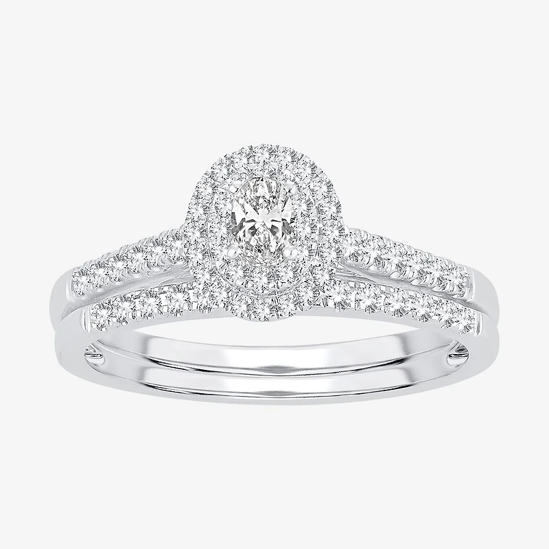 Oval 1/2 CT.T.W. Natural Diamond Side Stone Halo Bridal Set 10K or 14K White Gold