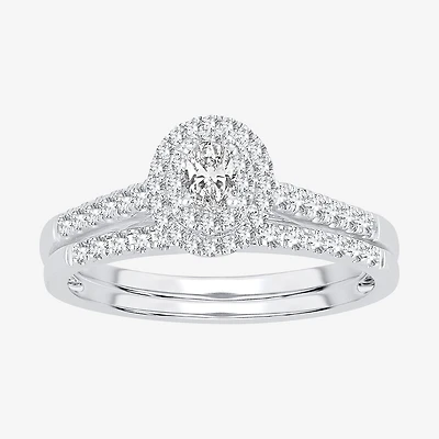 Oval 1/2 CT.T.W. Natural Diamond Side Stone Halo Bridal Set 10K or 14K White Gold
