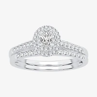 Oval 1/2 CT.T.W. Natural Diamond Side Stone Halo Bridal Set 10K or 14K White Gold