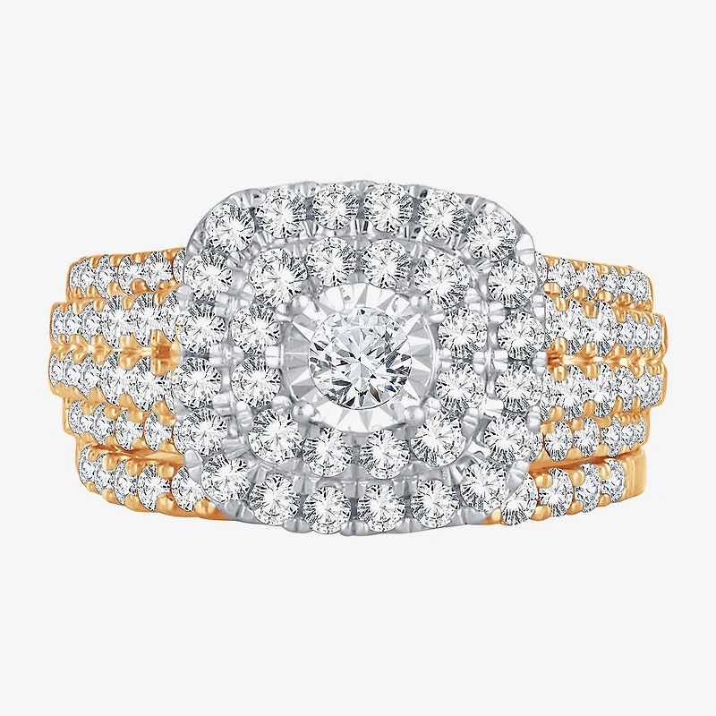 Womens /2 CT. T.W. Natural White Diamond 10K Gold Cushion Halo Bridal Set