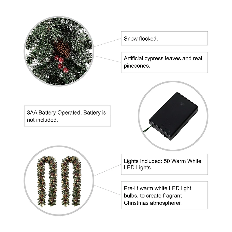 Glitzhome Glittered Pine Cone Pre-Lit Indoor Christmas Garland