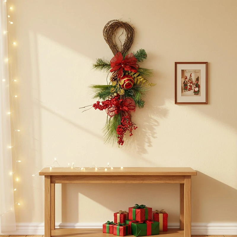 26'' Long Needle Pine and Berry Artificial Christmas Teardrop Swag Unlit