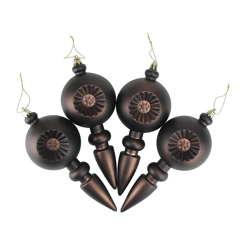 4ct Matte Brown Retro Reflector Shatterproof Christmas Finial Ornaments 7.5"