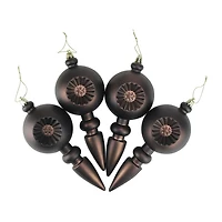 4ct Matte Brown Retro Reflector Shatterproof Christmas Finial Ornaments 7.5"