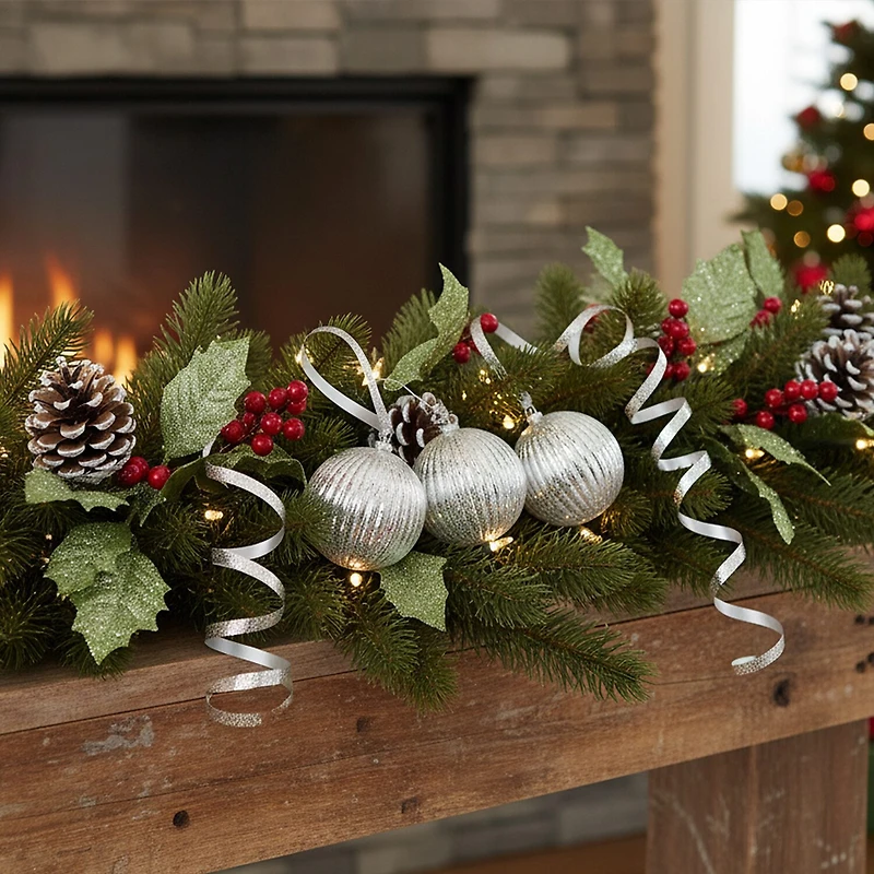 Set of 3 Lighted Silver Mercury Glass Finish Ribbed Ball Christmas Ornaments - Clear Lights