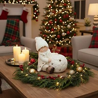 12.5'' White Christmas Snowball with Sitting Boy Tealight Candle Holder