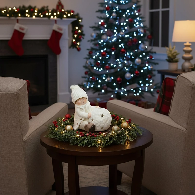 12.5'' White Christmas Snowball with Sitting Boy Tealight Candle Holder