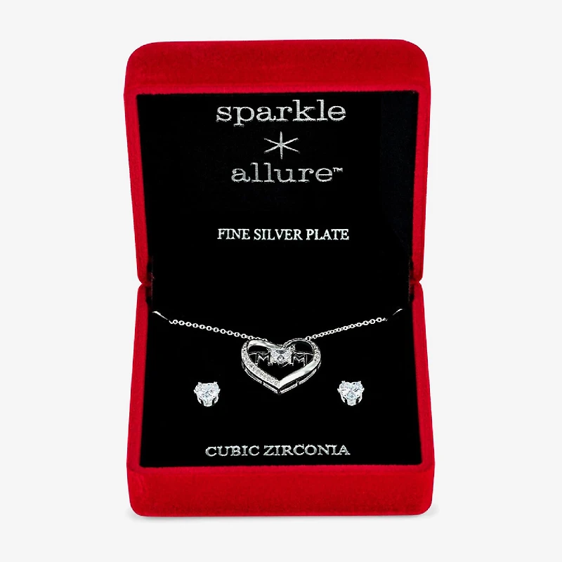 Sparkle Allure Light Up Box Womens Cubic Zirconia Pure Silver Over Brass Heart 2-pc. Jewelry Set