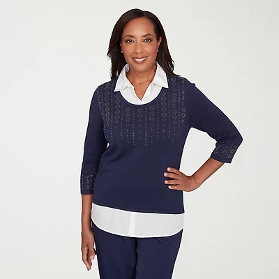 Alfred Dunner Saratoga Springs Womens 3/4 Sleeve Layered Sweater