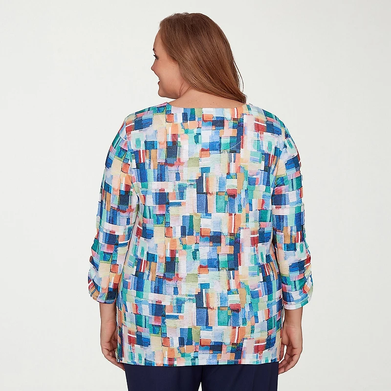Alfred Dunner Saratoga Springs Womens Plus Crew Neck 3/4 Sleeve T-Shirt