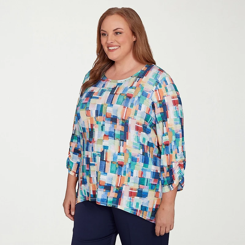 Alfred Dunner Saratoga Springs Womens Plus Crew Neck 3/4 Sleeve T-Shirt