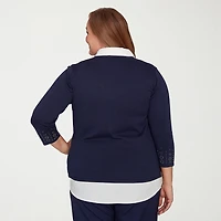 Alfred Dunner Saratoga Springs Womens 3/4 Sleeve Layered Sweater Plus