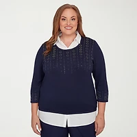 Alfred Dunner Saratoga Springs Womens 3/4 Sleeve Layered Sweater Plus