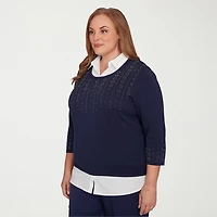 Alfred Dunner Saratoga Springs Womens 3/4 Sleeve Layered Sweater Plus