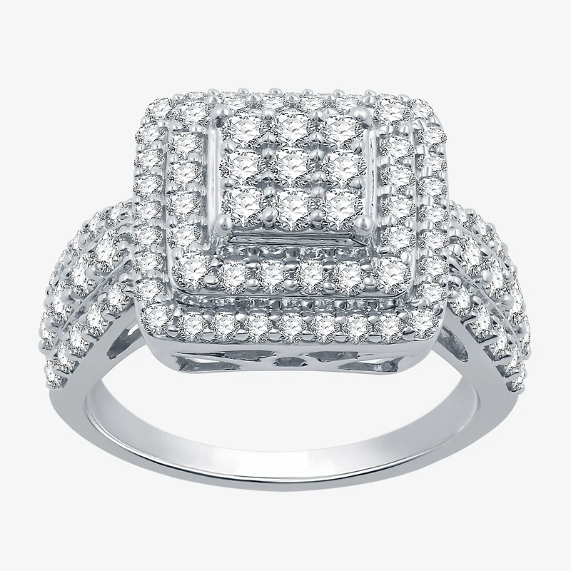 Womens 1 1/2 CT. T.W. Lab Grown White Diamond Sterling Silver Cushion Halo Side Stone Cocktail Ring