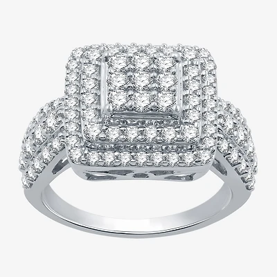 Womens 1 1/2 CT. T.W. Lab Grown White Diamond Sterling Silver Cushion Halo Side Stone Cocktail Ring
