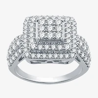 Womens 1 1/2 CT. T.W. Lab Grown White Diamond Sterling Silver Cushion Halo Side Stone Cocktail Ring