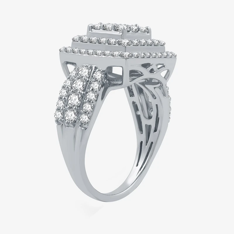 Womens 1 1/2 CT. T.W. Lab Grown White Diamond Sterling Silver Cushion Halo Side Stone Cocktail Ring