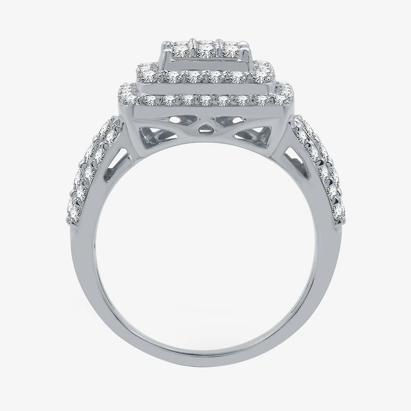 Womens 1 1/2 CT. T.W. Lab Grown White Diamond Sterling Silver Cushion Halo Side Stone Cocktail Ring
