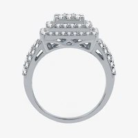 Womens 1 1/2 CT. T.W. Lab Grown White Diamond Sterling Silver Cushion Halo Side Stone Cocktail Ring