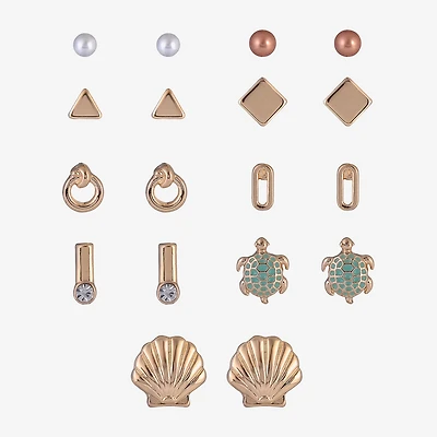 Arizona Gold Tone Turtle Shell Womens Simulated Pearl 9 Pair Earring Set