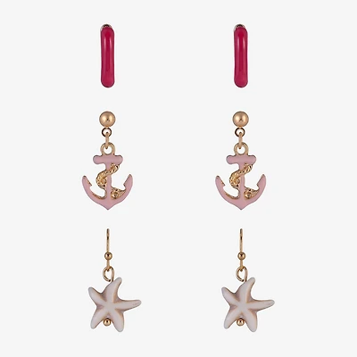 Arizona Gold Tone Starfish Womens Anchor 3 Pair Earring Set